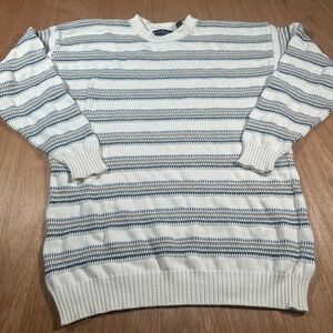 Cape Isle Knitters Sweater Mens XL White Blue Striped Cotton Crewneck LS